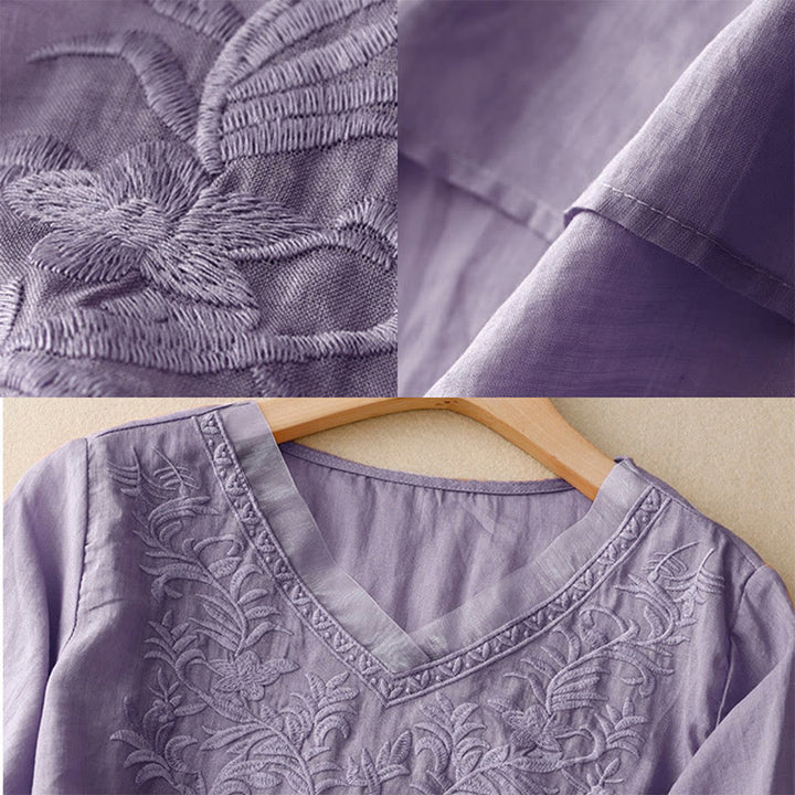 T-shirt femme vintage décontracté en coton et lin avec broderie de feuilles pures et col en V
