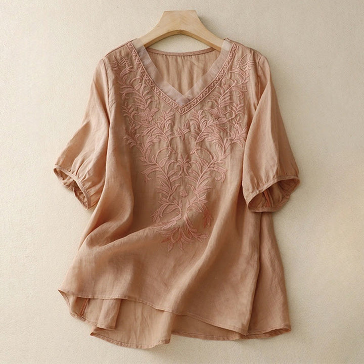 T-shirt femme vintage décontracté en coton et lin avec broderie de feuilles pures et col en V