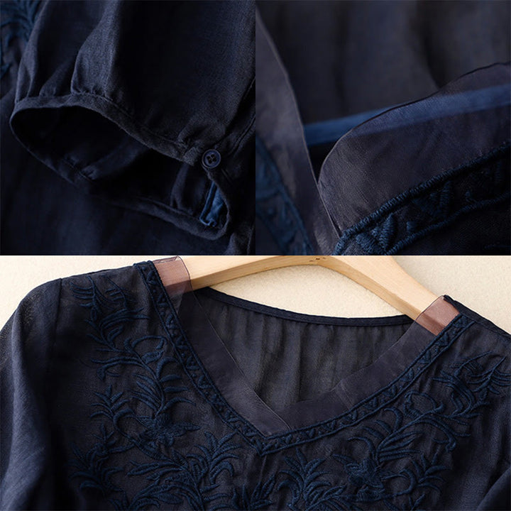 T-shirt femme vintage décontracté en coton et lin avec broderie de feuilles pures et col en V