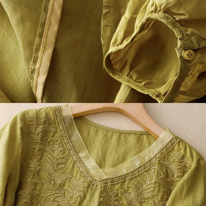 T-shirt femme vintage décontracté en coton et lin avec broderie de feuilles pures et col en V