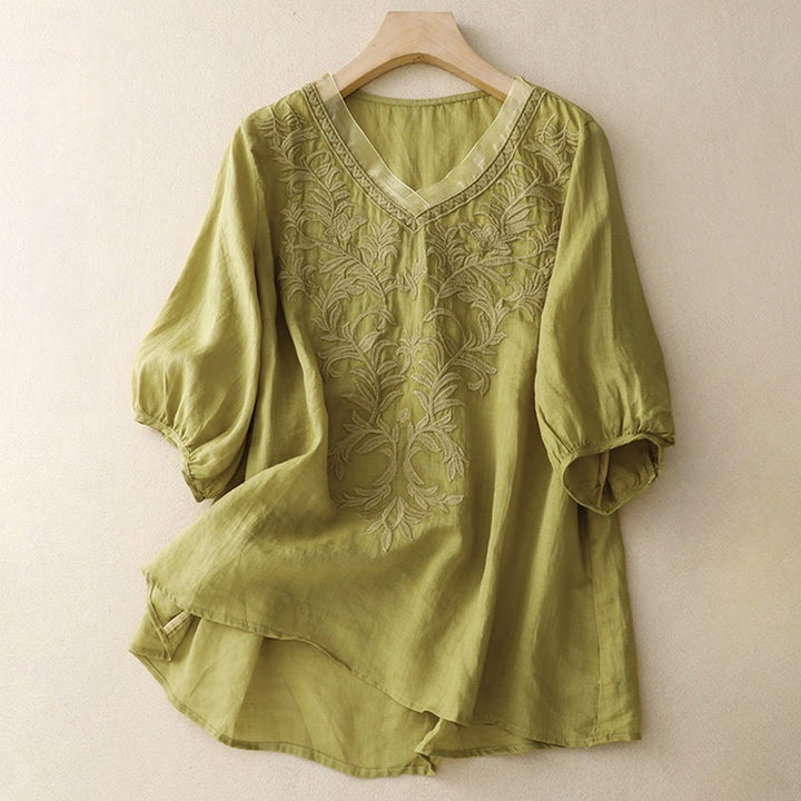 T-shirt femme vintage décontracté en coton et lin avec broderie de feuilles pures et col en V