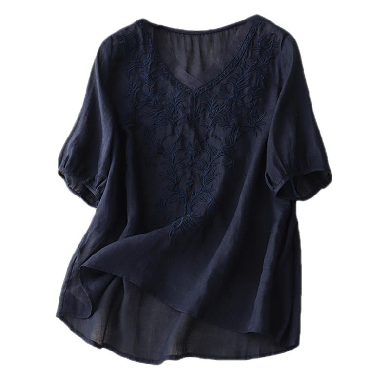 T-shirt femme vintage décontracté en coton et lin avec broderie de feuilles pures et col en V