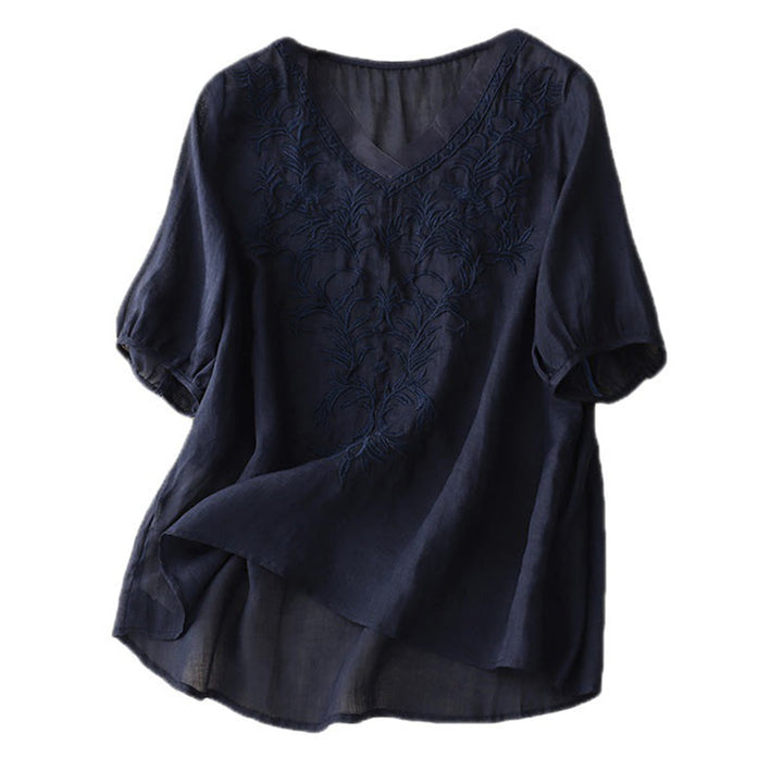 T-shirt femme vintage décontracté en coton et lin avec broderie de feuilles pures et col en V
