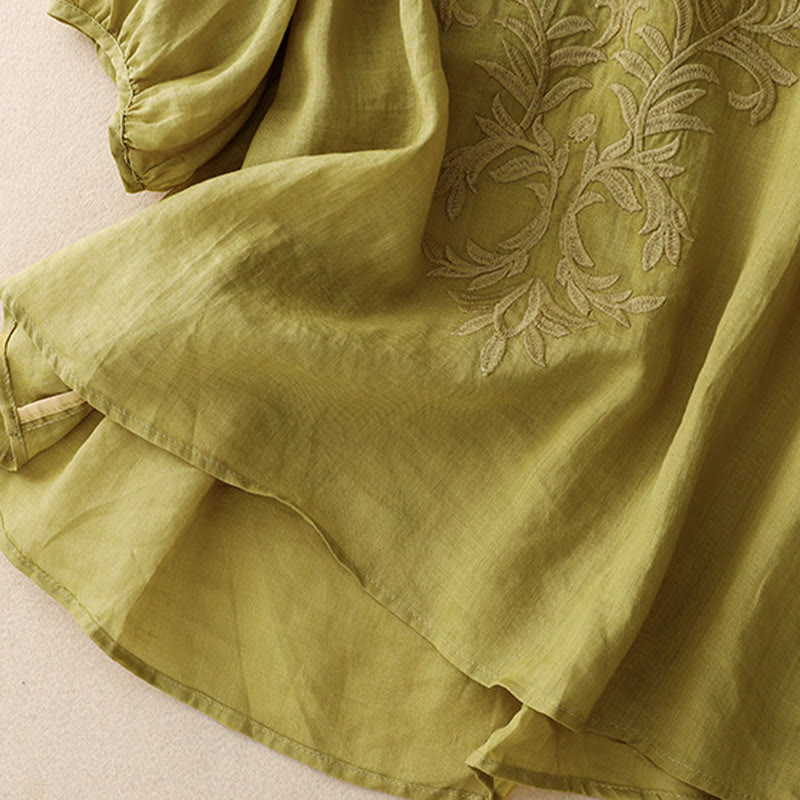 T-shirt femme vintage décontracté en coton à manches mi-longues et col en V avec broderie de feuilles pures et Buddha Stones