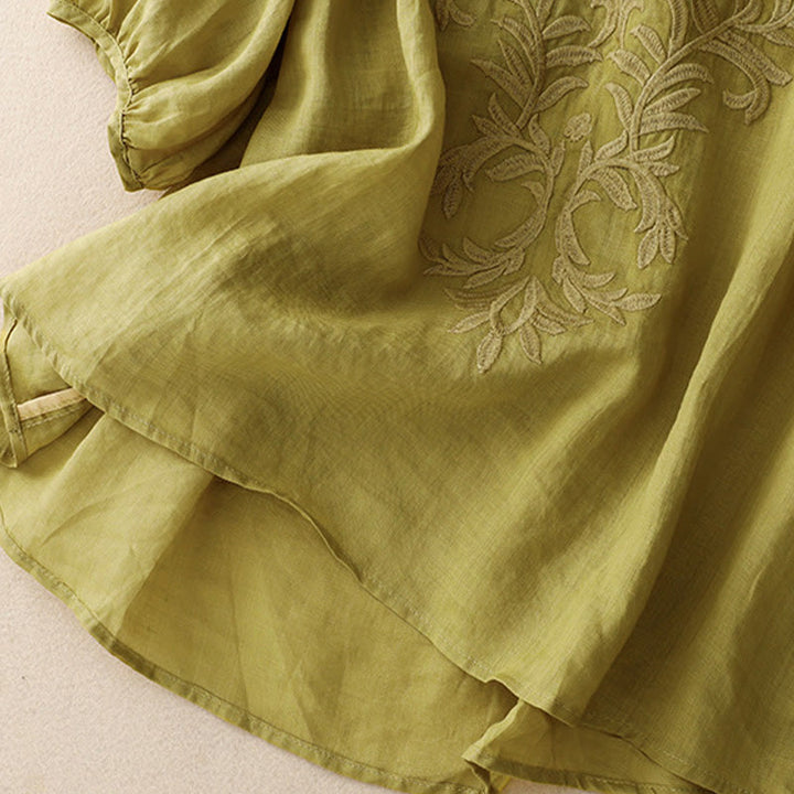 T-shirt femme vintage décontracté en coton à manches mi-longues et col en V avec broderie de feuilles pures et Buddha Stones
