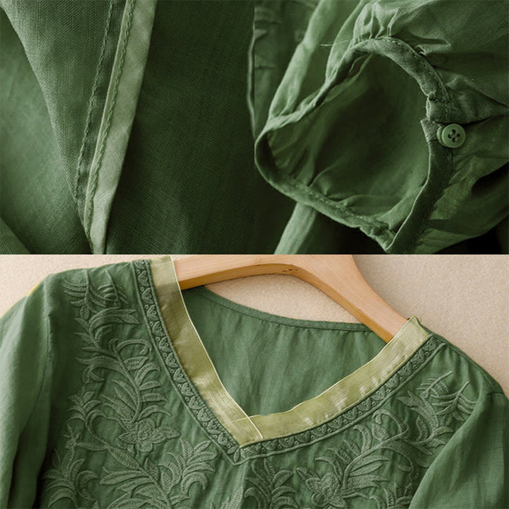 T-shirt femme vintage décontracté en coton à manches mi-longues et col en V avec broderie de feuilles pures et Buddha Stones