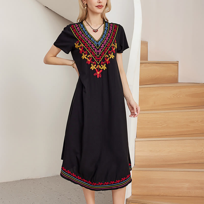 Robe mi-longue en coton à manches courtes et col en V, style Buddha Stones , décontractée, noire, avec broderies géométriques, style été