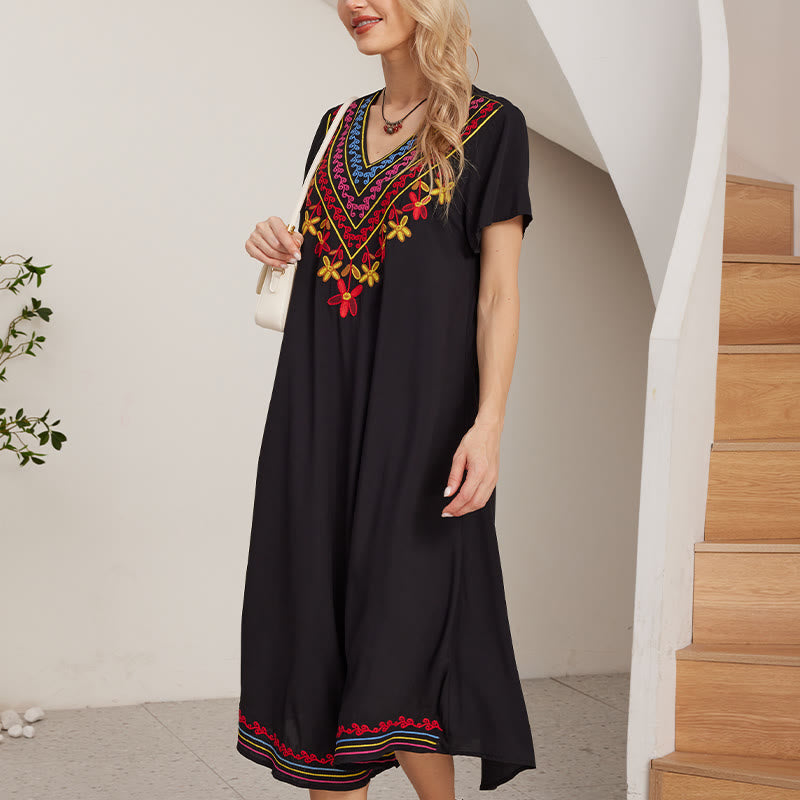 Robe mi-longue en coton à manches courtes et col en V, style Buddha Stones , décontractée, noire, avec broderies géométriques, style été