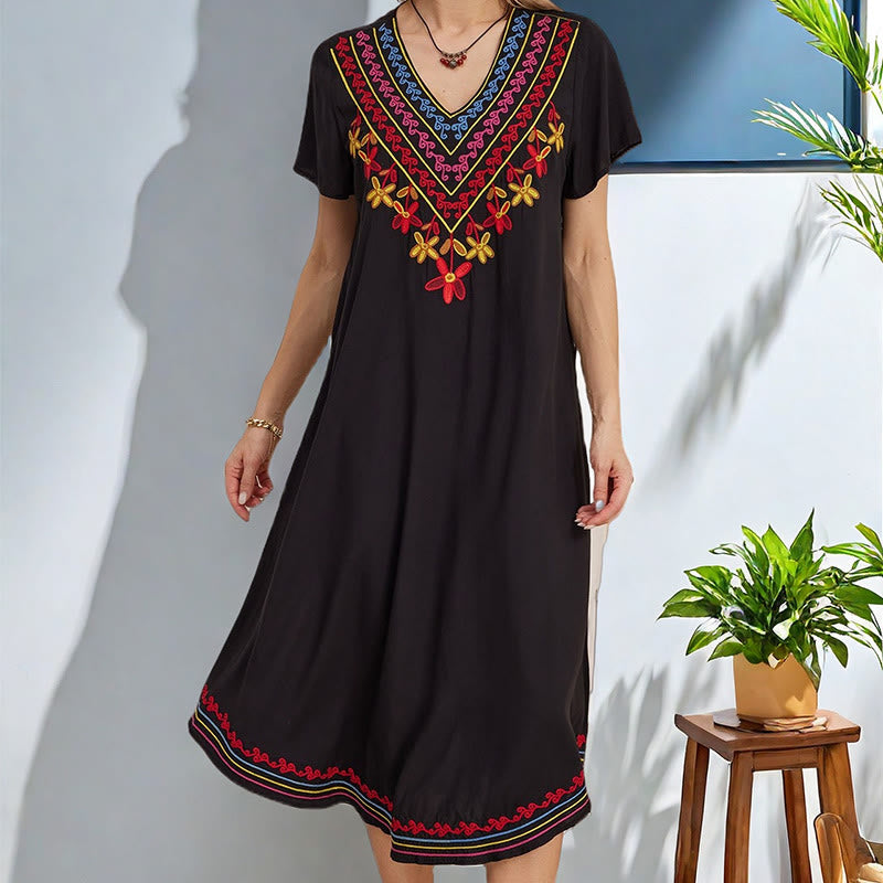 Robe mi-longue en coton à manches courtes et col en V, style Buddha Stones , décontractée, noire, avec broderies géométriques, style été