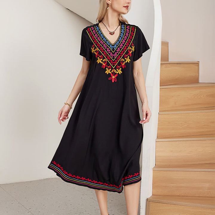 Robe mi-longue en coton à manches courtes et col en V, style Buddha Stones , décontractée, noire, avec broderies géométriques, style été