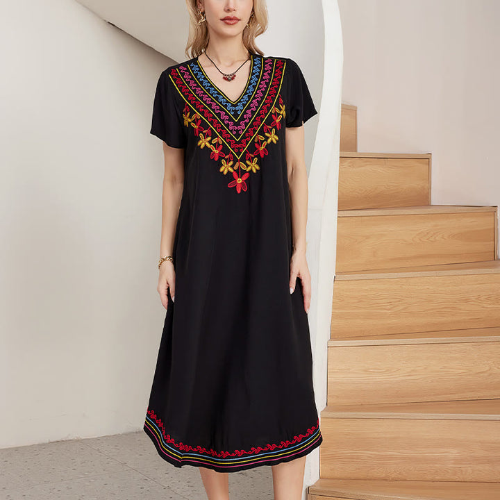 Robe mi-longue en coton à manches courtes et col en V, style Buddha Stones , décontractée, noire, avec broderies géométriques, style été