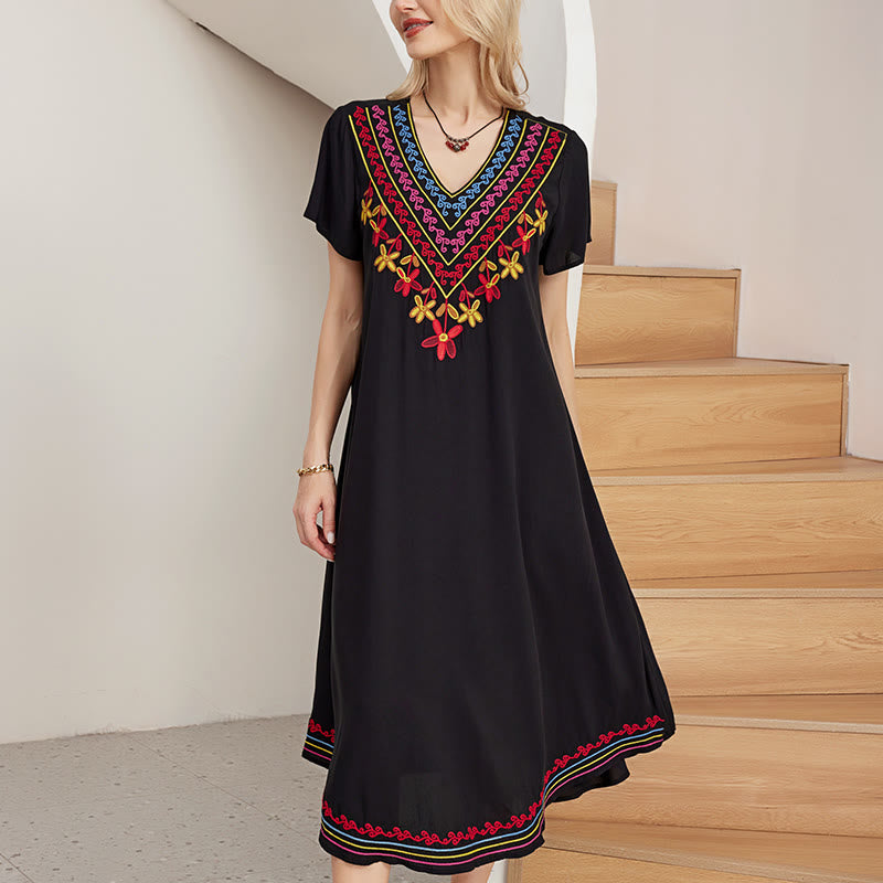 Robe mi-longue en coton à manches courtes et col en V, style Buddha Stones , décontractée, noire, avec broderies géométriques, style été