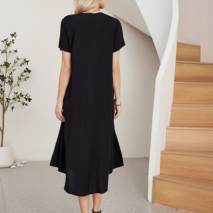 Robe mi-longue en coton à manches courtes et col en V, style Buddha Stones , décontractée, noire, avec broderies géométriques, style été - image 2