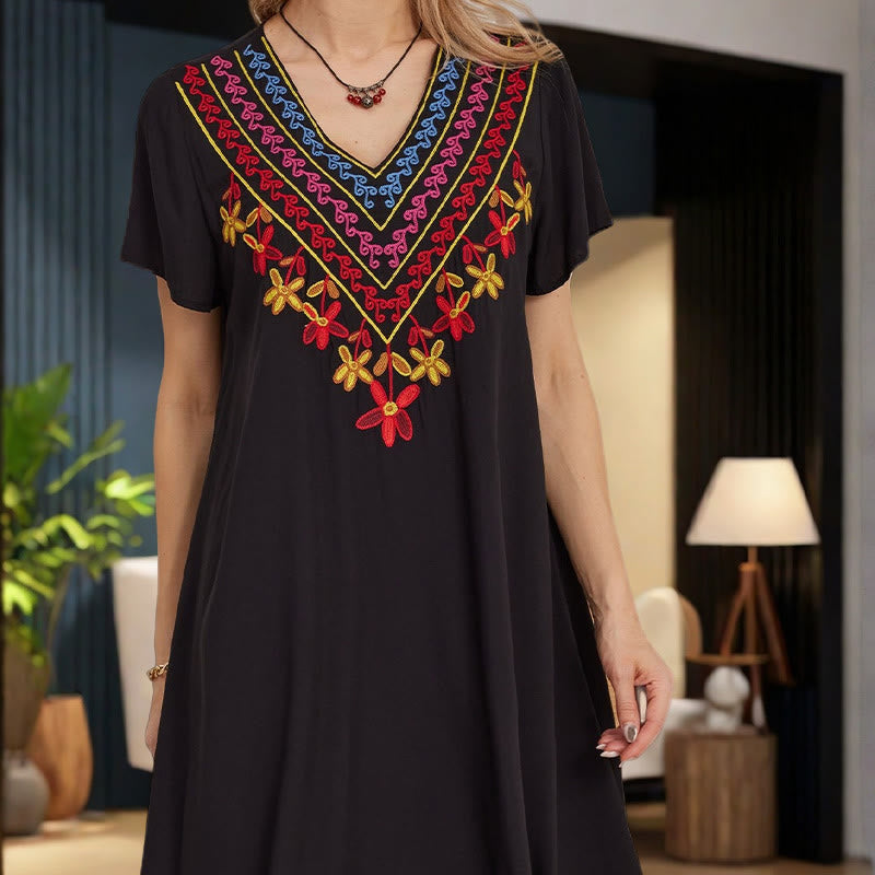Robe mi-longue en coton à manches courtes et col en V, style Buddha Stones , décontractée, noire, avec broderies géométriques, style été