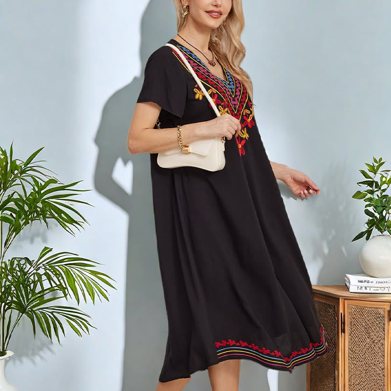 Robe mi-longue en coton à manches courtes et col en V, style Buddha Stones , décontractée, noire, avec broderies géométriques, style été