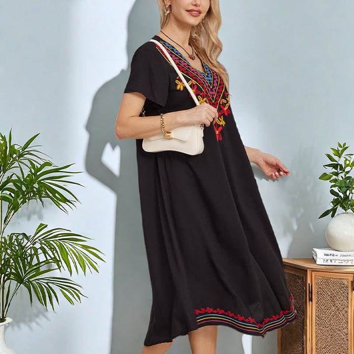Robe mi-longue en coton à manches courtes et col en V, style Buddha Stones , décontractée, noire, avec broderies géométriques, style été