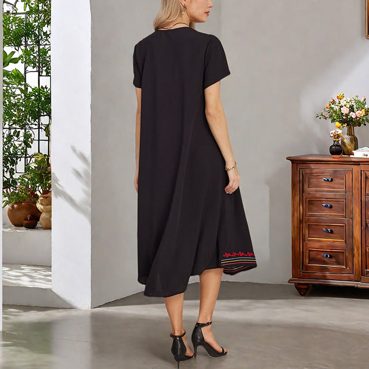Robe mi-longue en coton à manches courtes et col en V, style Buddha Stones , décontractée, noire, avec broderies géométriques, style été