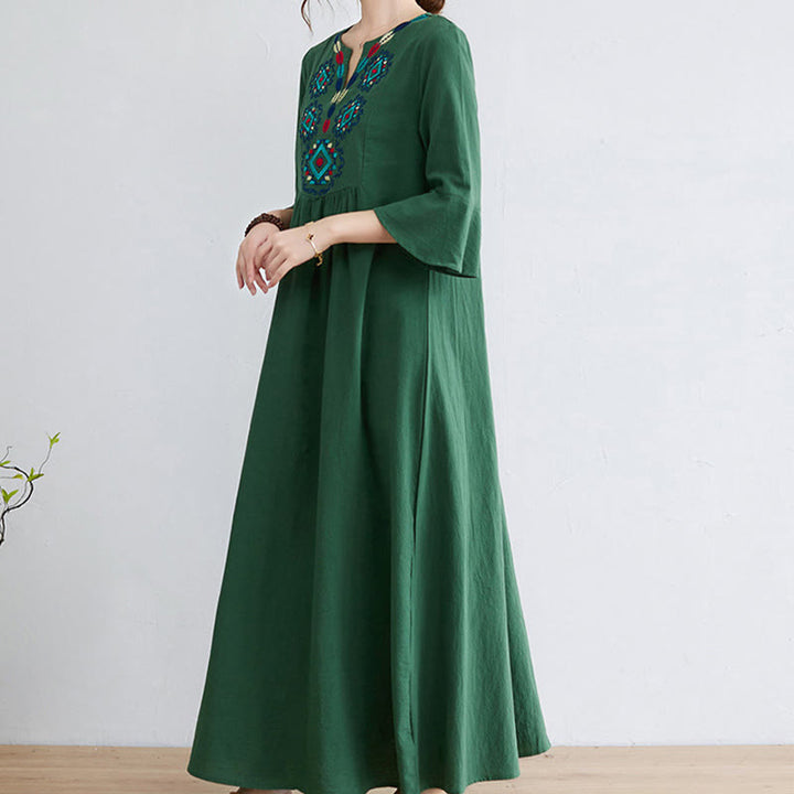 Robe longue ample en coton et lin avec broderie Buddha Stones et motif floral, manches trois-quarts - image 16