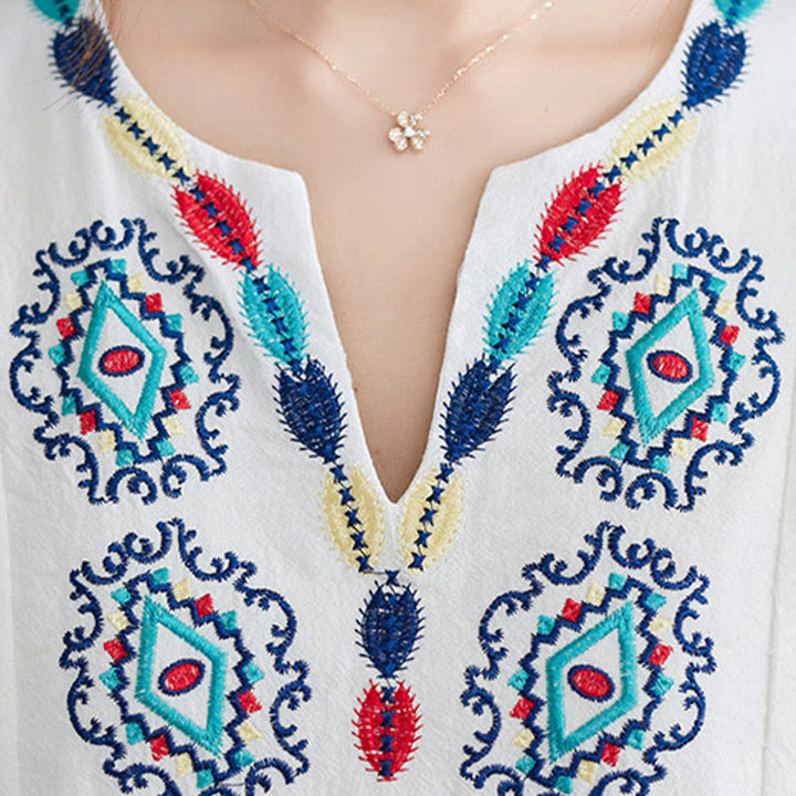 Robe longue ample en coton et lin avec broderie Buddha Stones et motif floral, manches trois-quarts - image 5