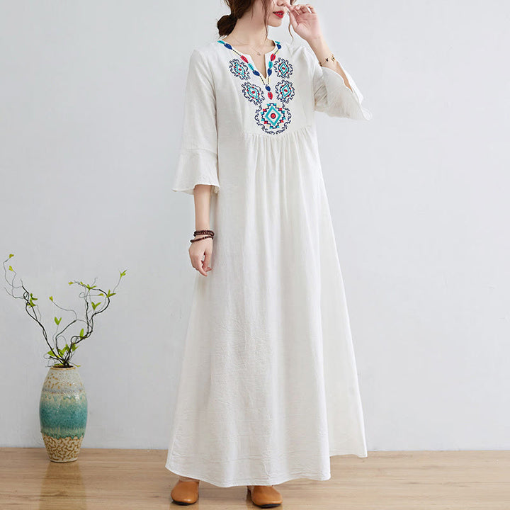 Robe longue ample en coton et lin avec broderie Buddha Stones et motif floral, manches trois-quarts - FloralBlanc - US8-10，UK/AU12-14，EU40-42 (2XL) - image 0
