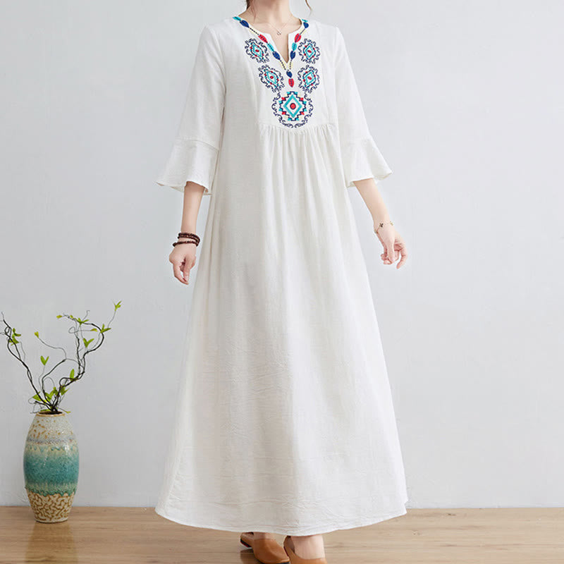 Robe longue ample en coton et lin avec broderie Buddha Stones et motif floral, manches trois-quarts - image 3