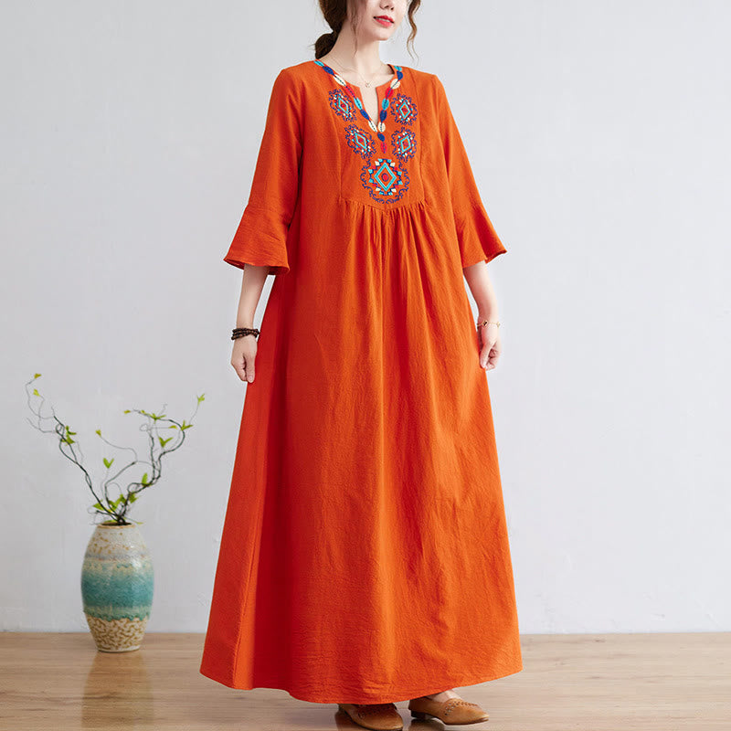 Robe longue ample en coton et lin avec broderie Buddha Stones et motif floral, manches trois-quarts - OrangeRouge - US8-10，UK/AU12-14，EU40-42 (2XL) - image 9