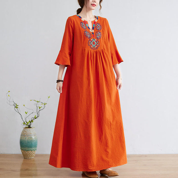 Robe longue ample en coton et lin avec broderie Buddha Stones et motif floral, manches trois-quarts - OrangeRouge - US8-10，UK/AU12-14，EU40-42 (2XL) - image 9
