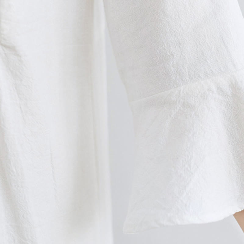 Robe longue ample en coton et lin avec broderie Buddha Stones et motif floral, manches trois-quarts - image 7