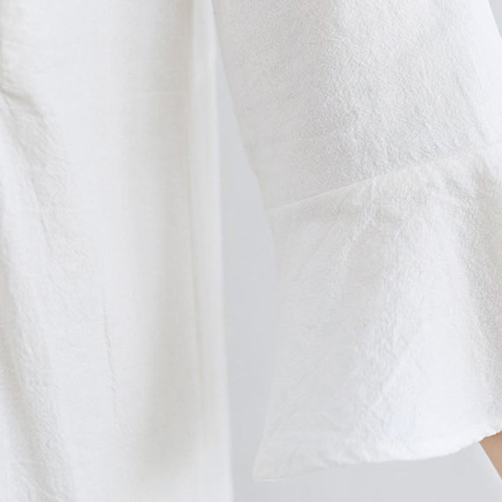 Robe longue ample en coton et lin avec broderie Buddha Stones et motif floral, manches trois-quarts - image 7