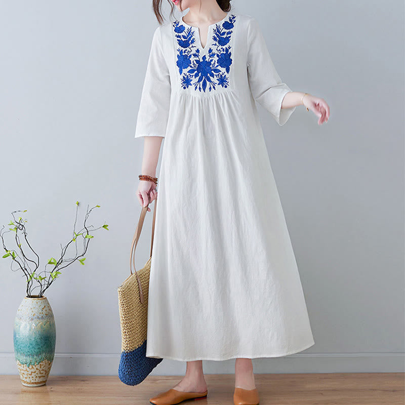 Robe longue décontractée style bohème avec broderie florale et Buddha Stones , design simple, manches trois-quarts, col en V, en coton et lin - image 6