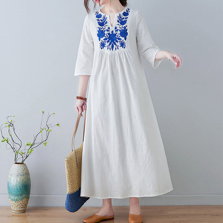 Robe longue décontractée style bohème avec broderie florale et Buddha Stones , design simple, manches trois-quarts, col en V, en coton et lin - image 6