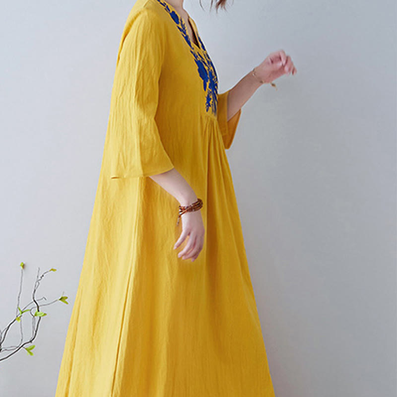 Robe longue décontractée style bohème avec broderie florale et Buddha Stones , design simple, manches trois-quarts, col en V, en coton et lin - image 4