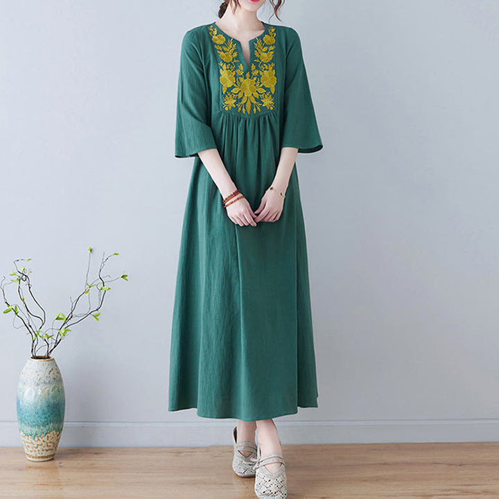Robe longue décontractée style bohème avec broderie florale et Buddha Stones , design simple, manches trois-quarts, col en V, en coton et lin - image 19