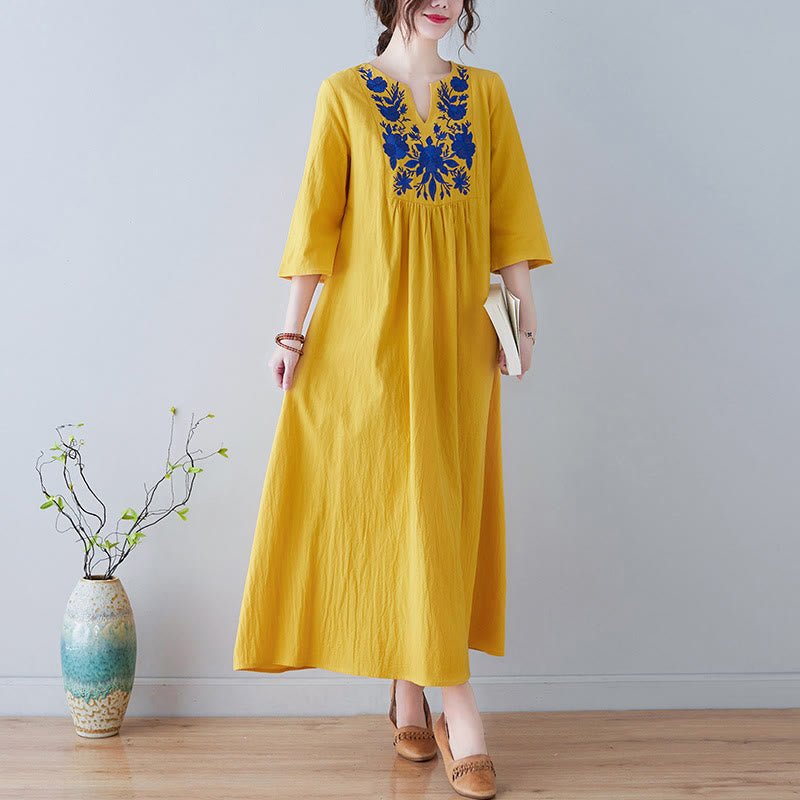 Robe longue décontractée style bohème avec broderie florale et Buddha Stones , design simple, manches trois-quarts, col en V, en coton et lin - Or - US8-10，UK/AU12-14，EU40-42 (2XL) - image 0