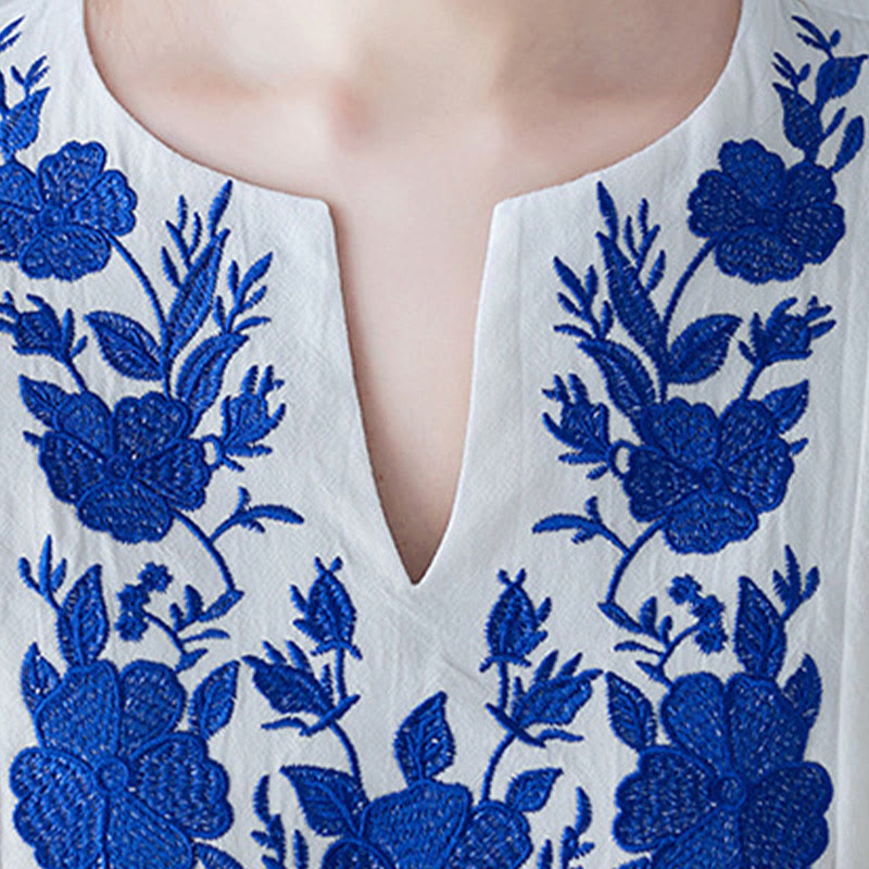 Robe longue décontractée style bohème avec broderie florale et Buddha Stones , design simple, manches trois-quarts, col en V, en coton et lin - image 8