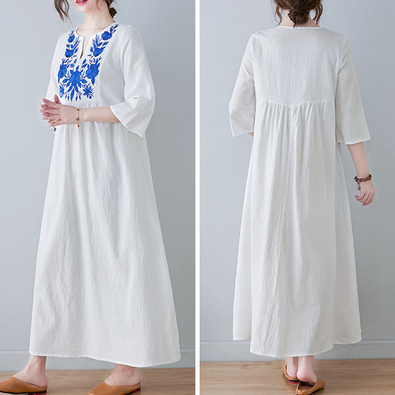 Robe longue décontractée style bohème avec broderie florale et Buddha Stones , design simple, manches trois-quarts, col en V, en coton et lin - image 11