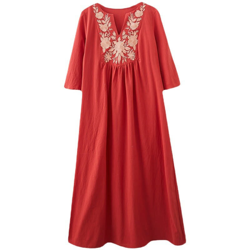 Robe longue décontractée style bohème avec broderie florale et Buddha Stones , design simple, manches trois-quarts, col en V, en coton et lin - image 17