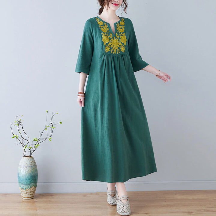 Robe longue décontractée style bohème avec broderie florale et Buddha Stones , design simple, manches trois-quarts, col en V, en coton et lin - Vert - US8-10，UK/AU12-14，EU40-42 (2XL) - image 18