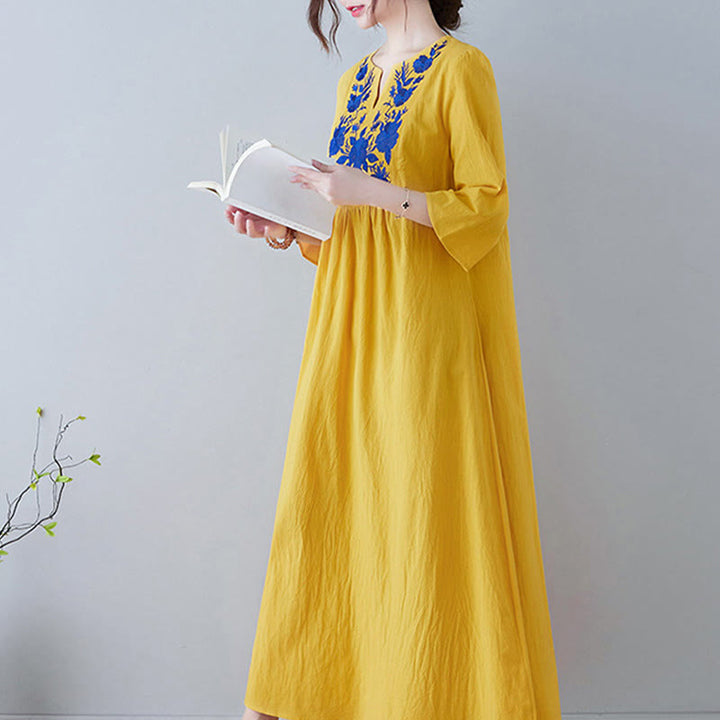 Robe longue décontractée style bohème avec broderie florale et Buddha Stones , design simple, manches trois-quarts, col en V, en coton et lin - image 3