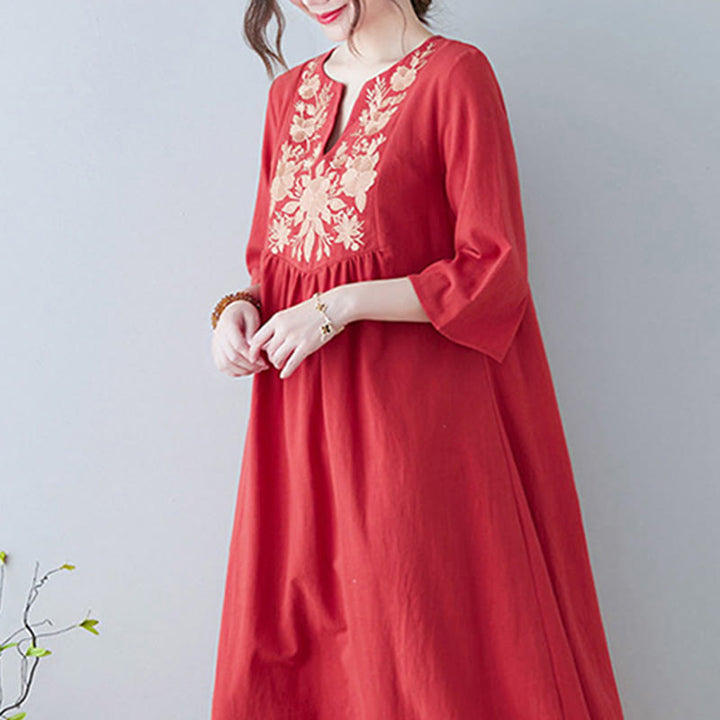 Robe longue décontractée style bohème avec broderie florale et Buddha Stones , design simple, manches trois-quarts, col en V, en coton et lin - image 16
