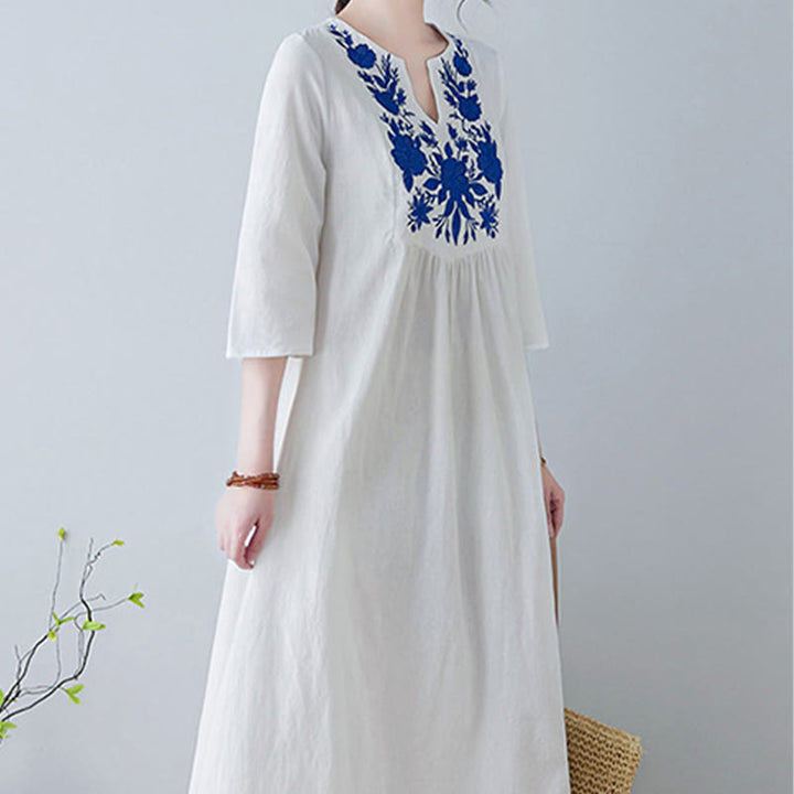 Robe longue décontractée style bohème avec broderie florale et Buddha Stones , design simple, manches trois-quarts, col en V, en coton et lin - image 7