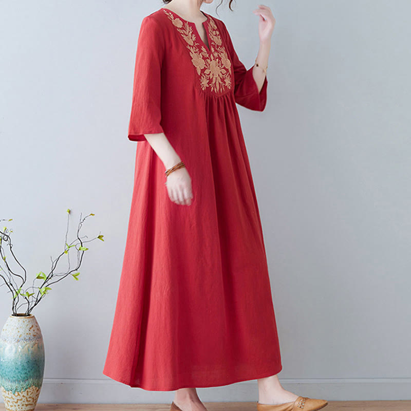 Robe longue décontractée style bohème avec broderie florale et Buddha Stones , design simple, manches trois-quarts, col en V, en coton et lin - image 13