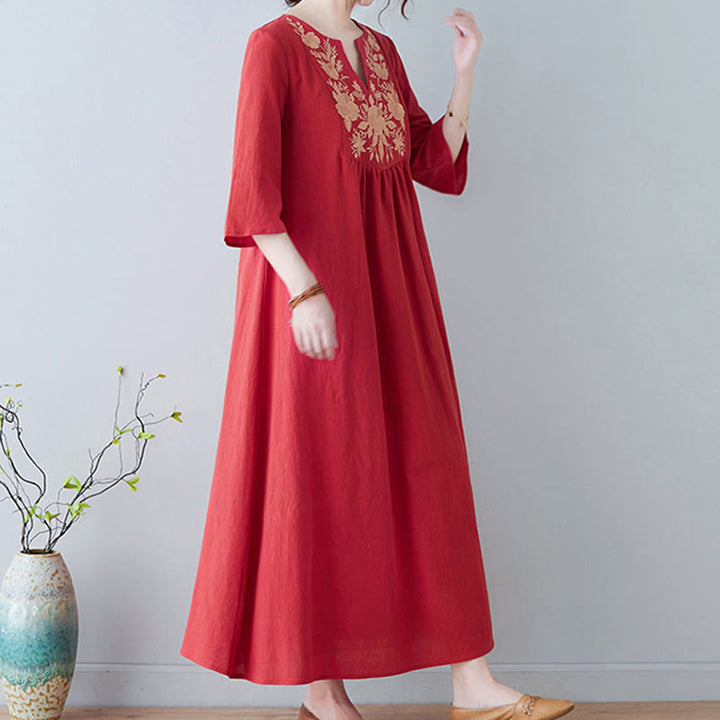 Robe longue décontractée style bohème avec broderie florale et Buddha Stones , design simple, manches trois-quarts, col en V, en coton et lin - image 13