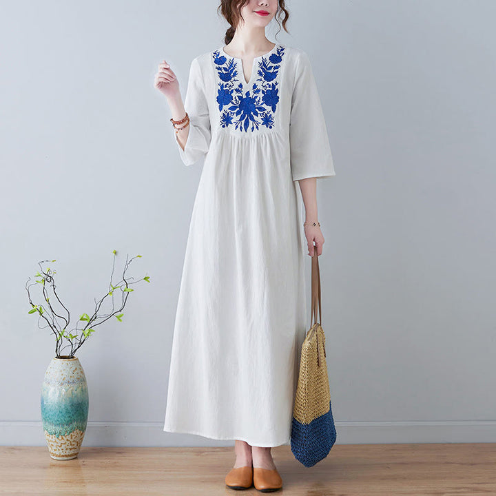 Robe longue décontractée style bohème avec broderie florale et Buddha Stones , design simple, manches trois-quarts, col en V, en coton et lin - FloralBlanc - US8-10，UK/AU12-14，EU40-42 (2XL) - image 5