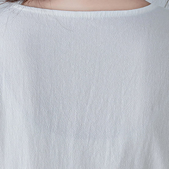 Robe longue décontractée style bohème avec broderie florale et Buddha Stones , design simple, manches trois-quarts, col en V, en coton et lin - image 10