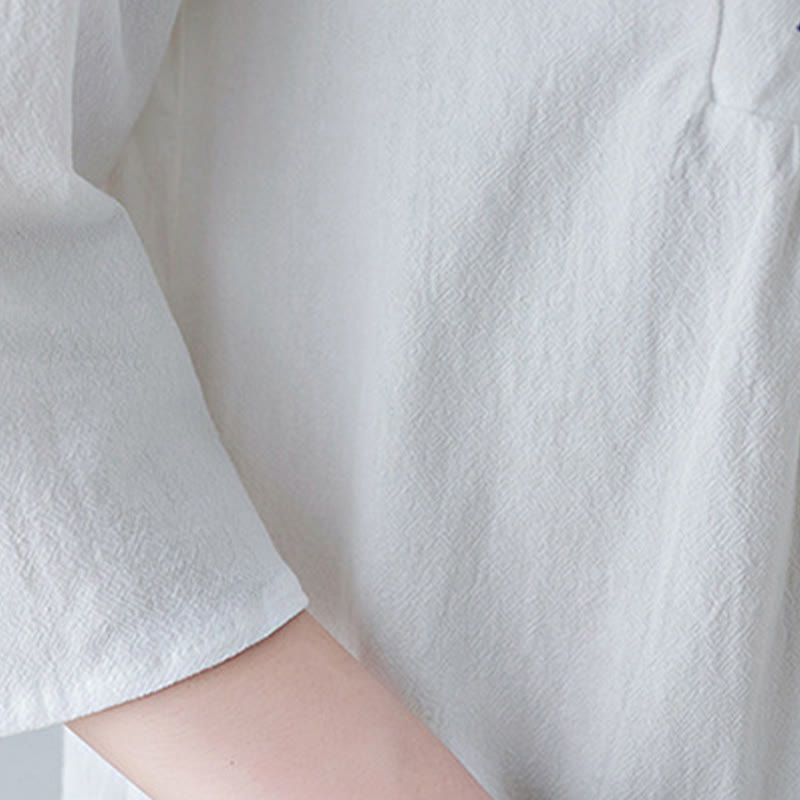 Robe longue décontractée style bohème avec broderie florale et Buddha Stones , design simple, manches trois-quarts, col en V, en coton et lin - image 9