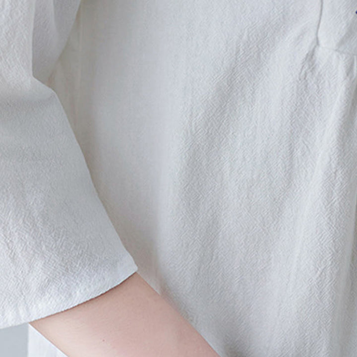 Robe longue décontractée style bohème avec broderie florale et Buddha Stones , design simple, manches trois-quarts, col en V, en coton et lin - image 9