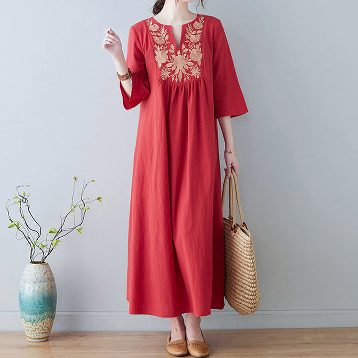Robe longue décontractée style bohème avec broderie florale et Buddha Stones , design simple, manches trois-quarts, col en V, en coton et lin - image 14