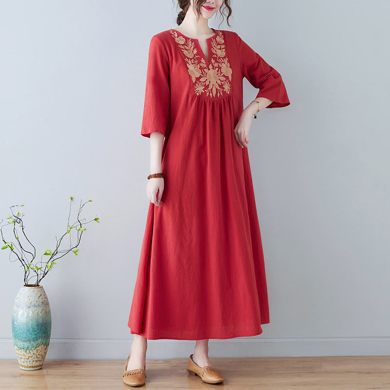 Robe longue décontractée style bohème avec broderie florale et Buddha Stones , design simple, manches trois-quarts, col en V, en coton et lin - OrangeRouge - US8-10，UK/AU12-14，EU40-42 (2XL) - image 12