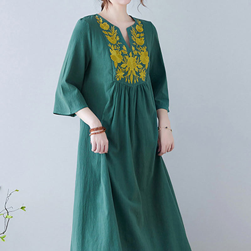 Robe longue décontractée style bohème avec broderie florale et Buddha Stones , design simple, manches trois-quarts, col en V, en coton et lin - image 21